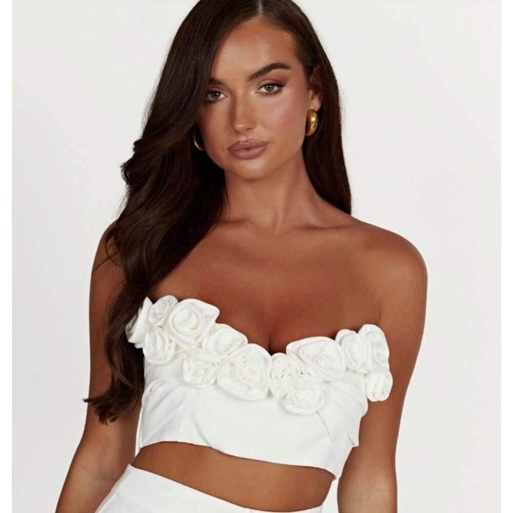 NWT MESHKI Paloma Rose Crop Top White Floral Bridal Bustier Size Medium